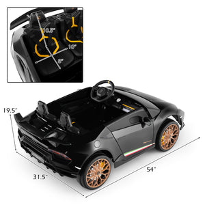 Black toy car with gold wheels and steering wheel, showing dimensions on a white background.