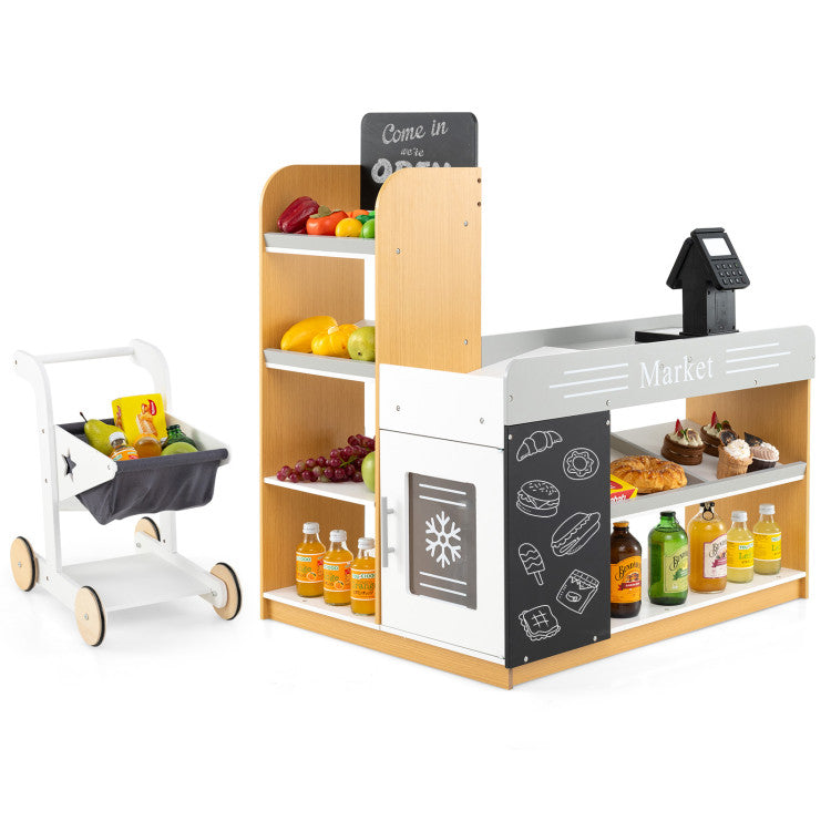 Pretend play kitchen set with chalkboards and shopping cart
