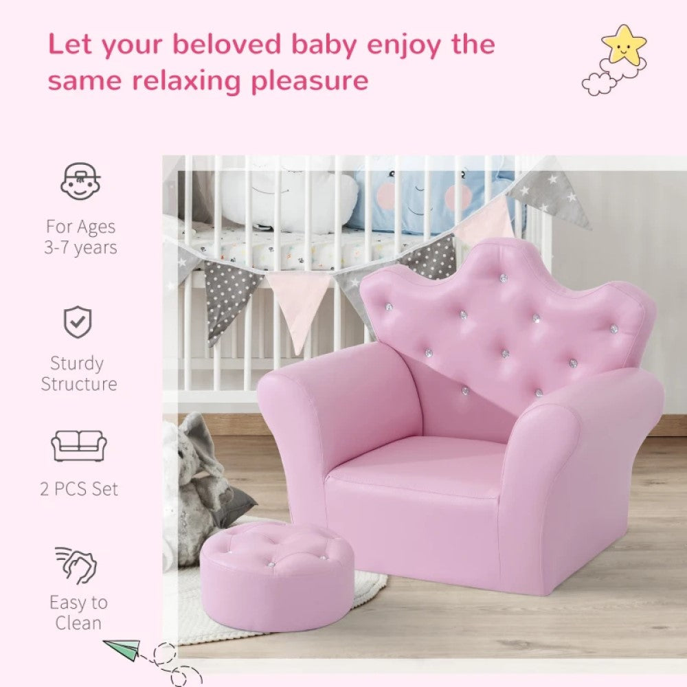 Princess Kids Sofa Set with Footstool – Diamond Decor, Perfect for Playrooms and Bedrooms