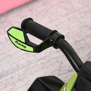 Close-up of motorcycle handlebar with green 'Racing' grips on a textured surface.
