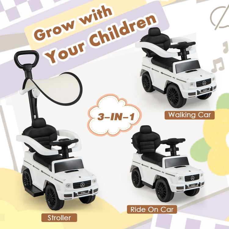Three-in-one toy vehicle with stroller, walking car, and ride-on car functions on a colorful background.