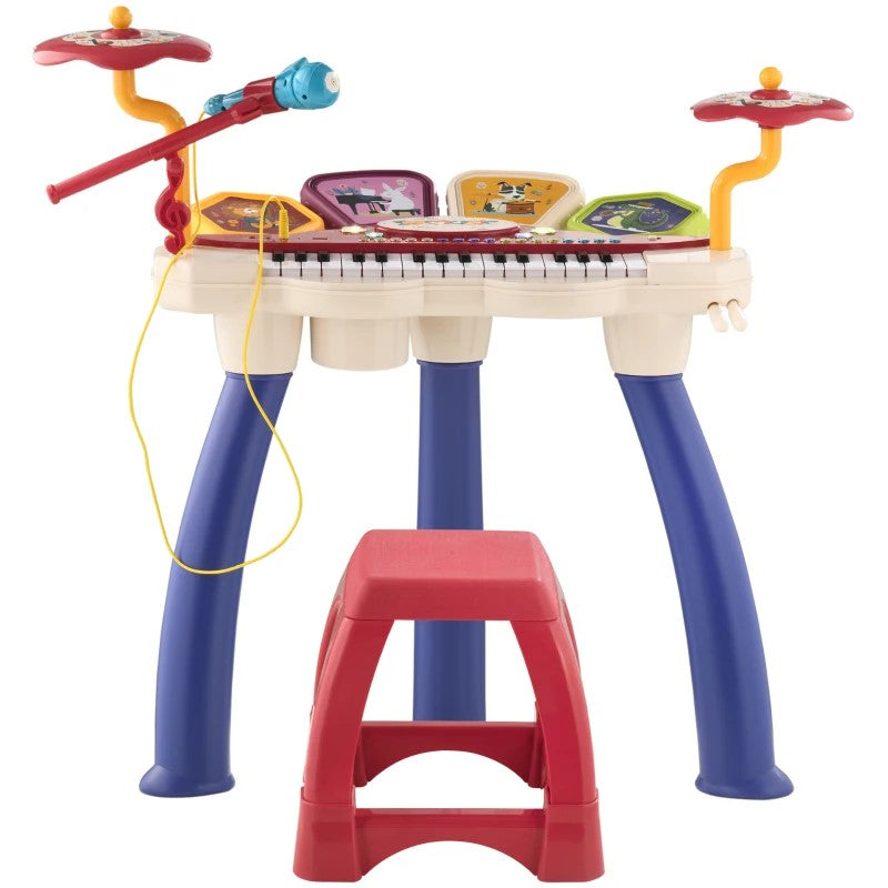 Qaba 2-in-1 Kids Piano Keyboard & Drum Set with Sounds, Lights, Microphone, and Stool