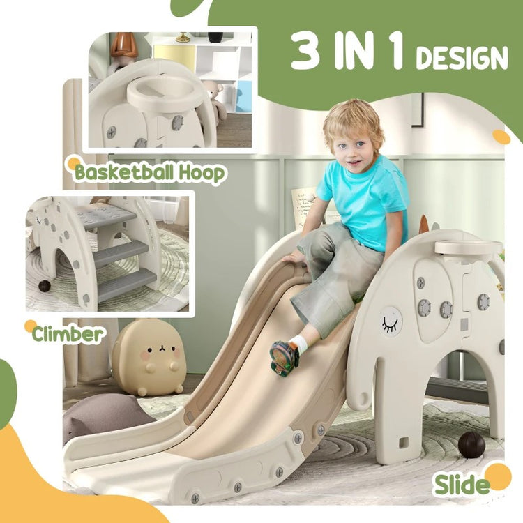 Qaba 3-in-1 Toddler Slide for Ages 1-3 with Basketball Hoop, Climber, Elephant Theme