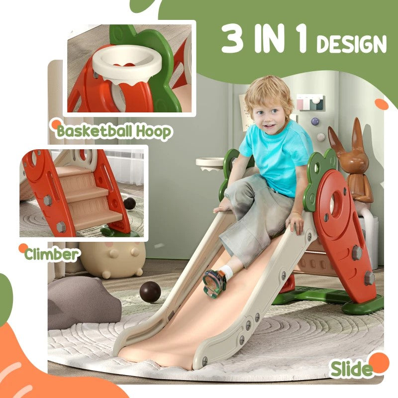 Qaba 3-in-1 Toddler Slide for Kids 1-3 Years, Foldable Carrot-Themed Slide with Basketball Hoop