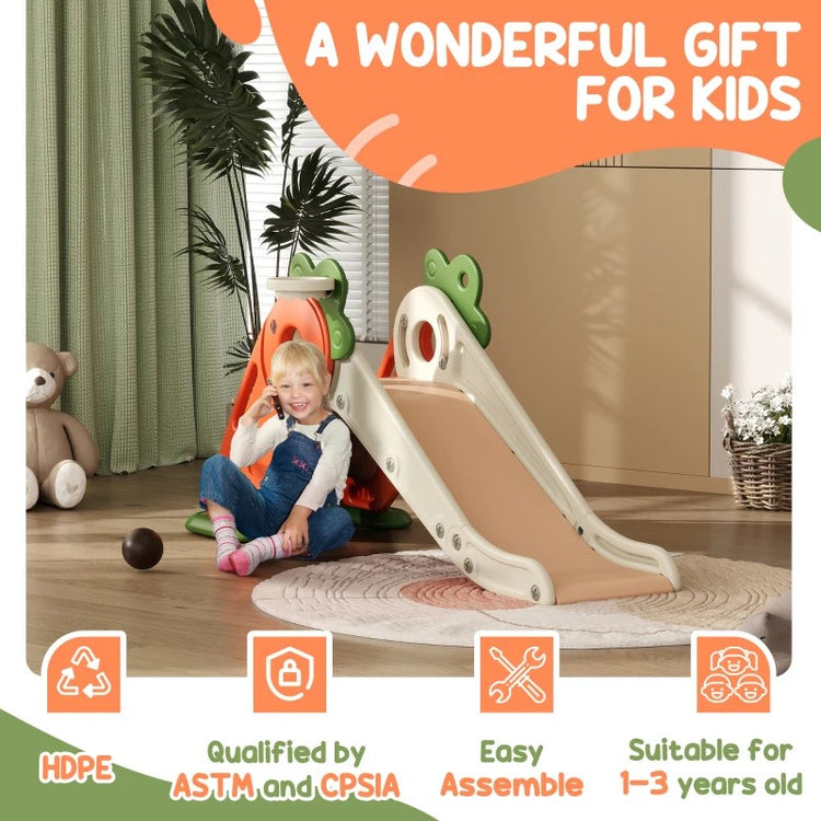 Qaba 3-in-1 Toddler Slide for Kids 1-3 Years, Foldable Carrot-Themed Slide with Basketball Hoop