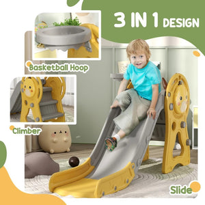 Qaba 3-in-1 Toddler Slide with Climber & Basketball Hoop, Duck Design, Ages 1-3, Yellow