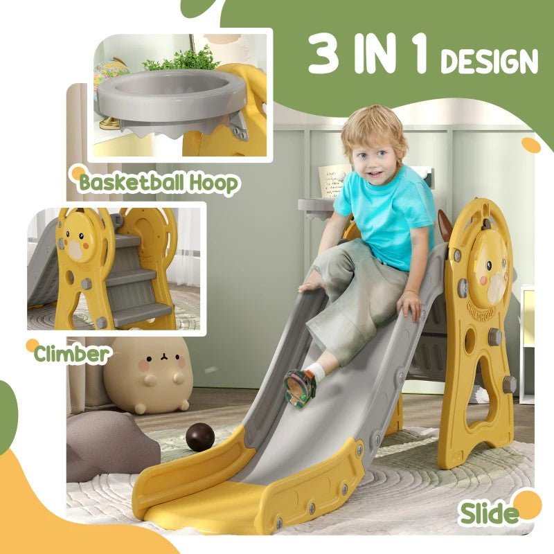 Qaba 3-in-1 Toddler Slide with Climber & Basketball Hoop, Duck Design, Ages 1-3, Yellow