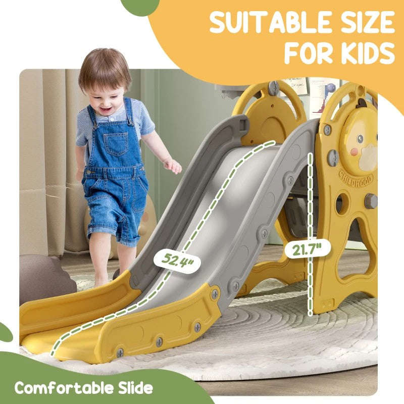 Qaba 3-in-1 Toddler Slide with Climber & Basketball Hoop, Duck Design, Ages 1-3, Yellow