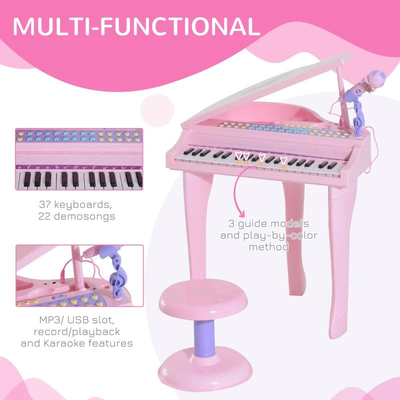 Qaba 37-Key Kids Piano Keyboard with Microphone, Stool, MP3, U-Disk, & Lights for Ages 3-6