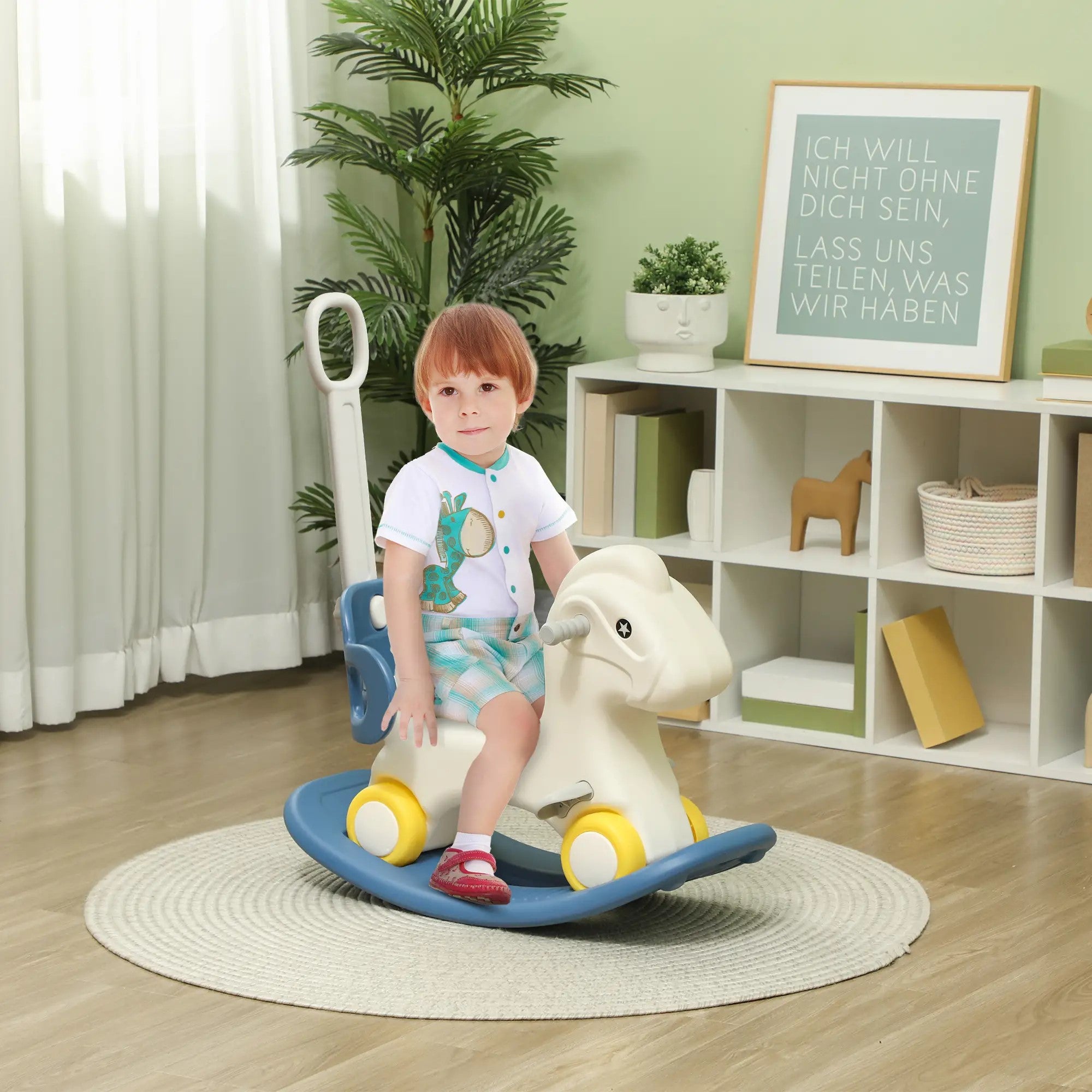 Qaba 4-in-1 Toddler Rocking Horse with Push Handle & Balance Board for Ages 2-5, Blue