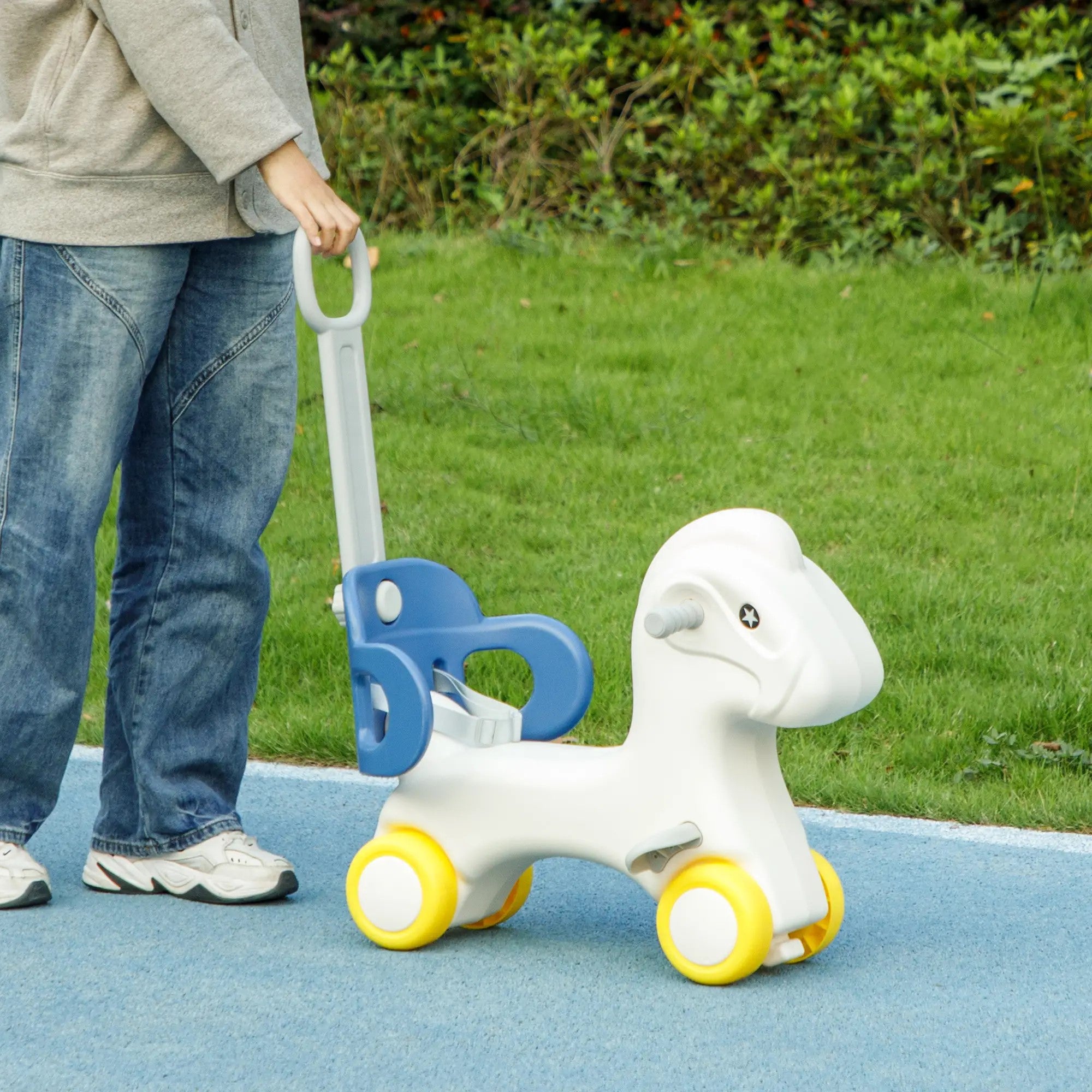 Qaba 4-in-1 Toddler Rocking Horse with Push Handle & Balance Board for Ages 2-5, Blue