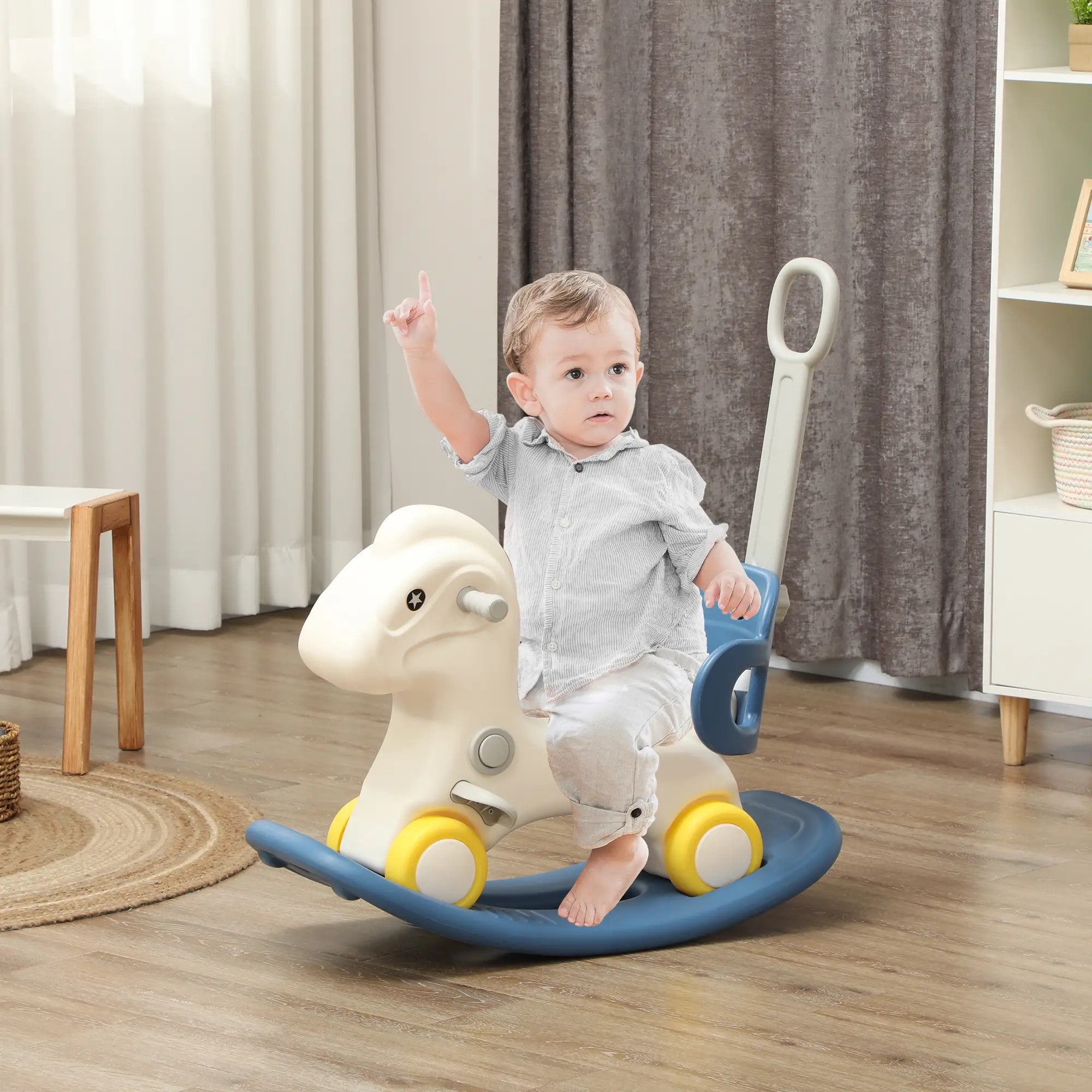 Qaba 4-in-1 Toddler Rocking Horse with Push Handle & Balance Board for Ages 2-5, Blue