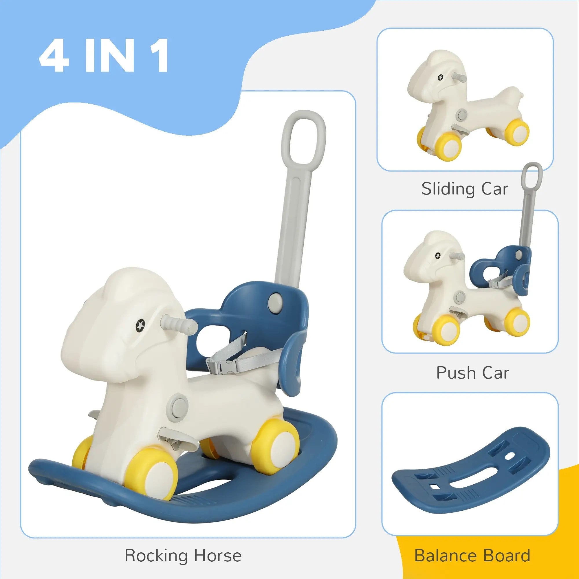 Qaba 4-in-1 Toddler Rocking Horse with Push Handle & Balance Board for Ages 2-5, Blue