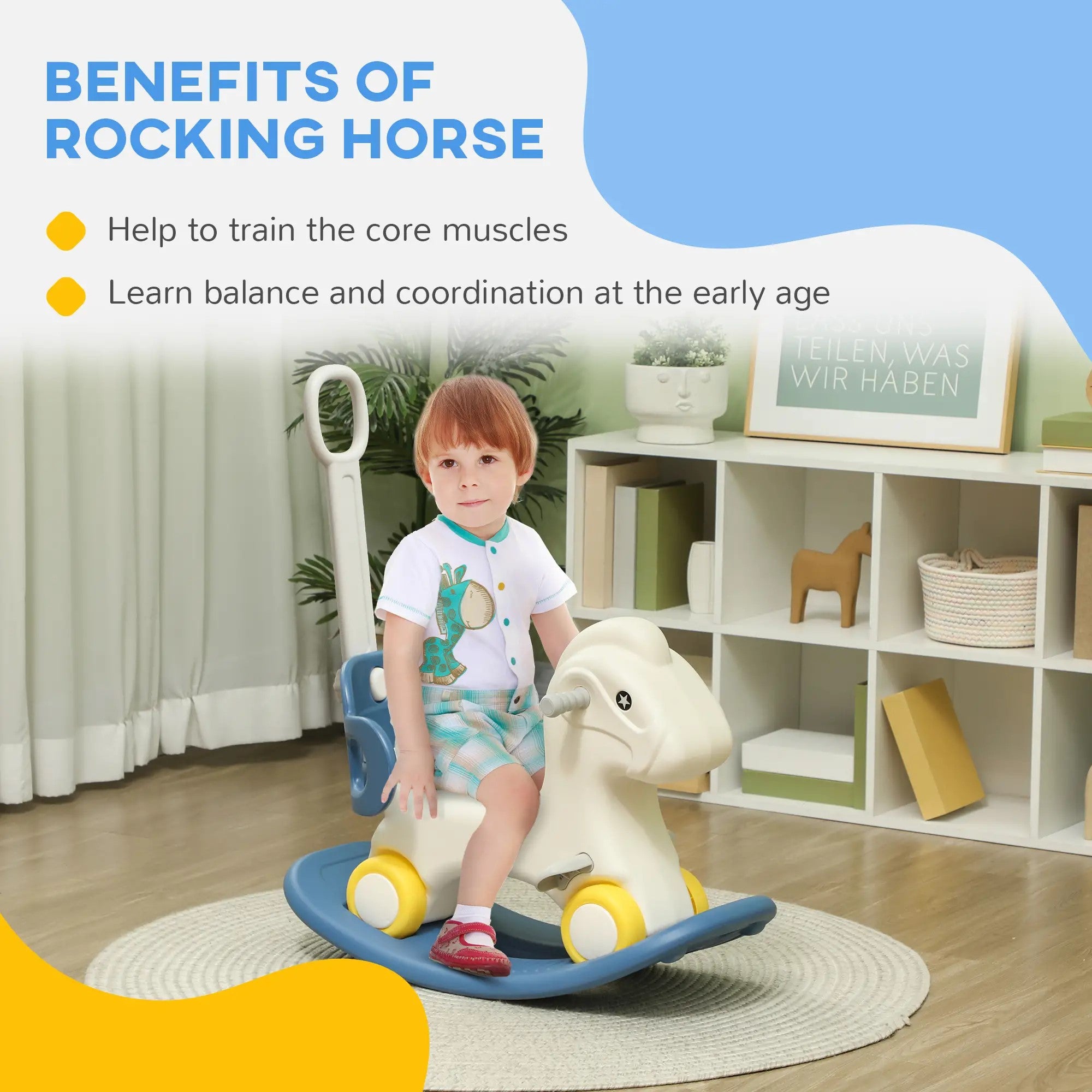 Qaba 4-in-1 Toddler Rocking Horse with Push Handle & Balance Board for Ages 2-5, Blue