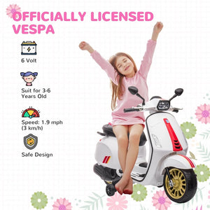 Qaba 6V Vespa Licensed Kids Motorcycle w/ Music, FM Radio, Headlight for Ages 3-6