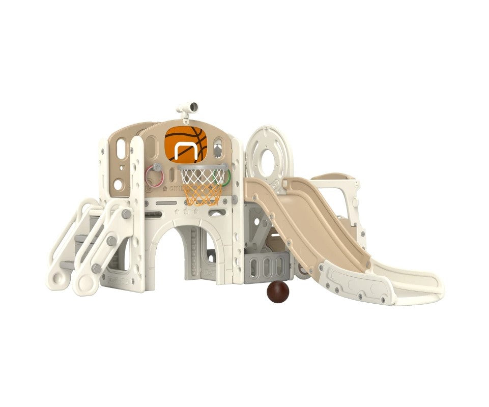 Qaba 9-in-1 Toddler Slide for Kids 1-6: Bus Front, Basketball Hoop, Climber, Storage