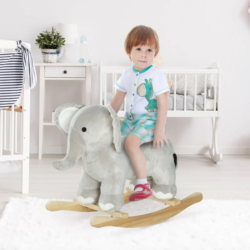 Qaba Elephant Rocking Toy for Kids, Plush Ride-On with Realistic Sounds, Gray, 2-4 Years