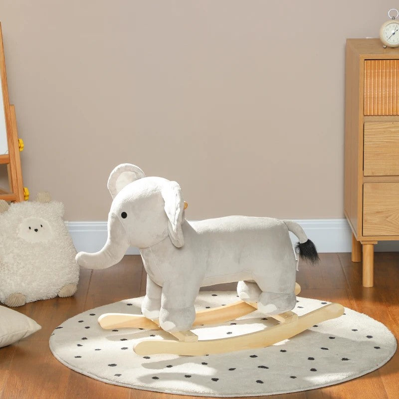 Qaba Elephant Rocking Toy for Kids, Plush Ride-On with Realistic Sounds, Gray, 2-4 Years