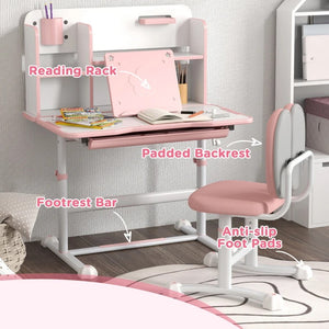 Qaba Height Adjustable Kids Desk & Chair Set with Tilt Desktop, Storage Drawer, Reading Rack