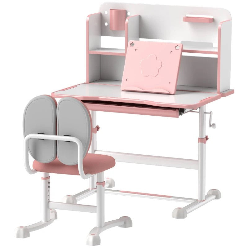 Qaba Height Adjustable Kids Desk & Chair Set with Tilt Desktop, Storage Drawer, Reading Rack