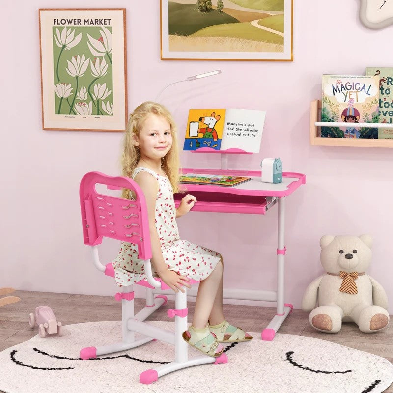 Qaba Kids Desk and Chair Set with USB Light, Storage Drawer, Pink - Ideal for Study