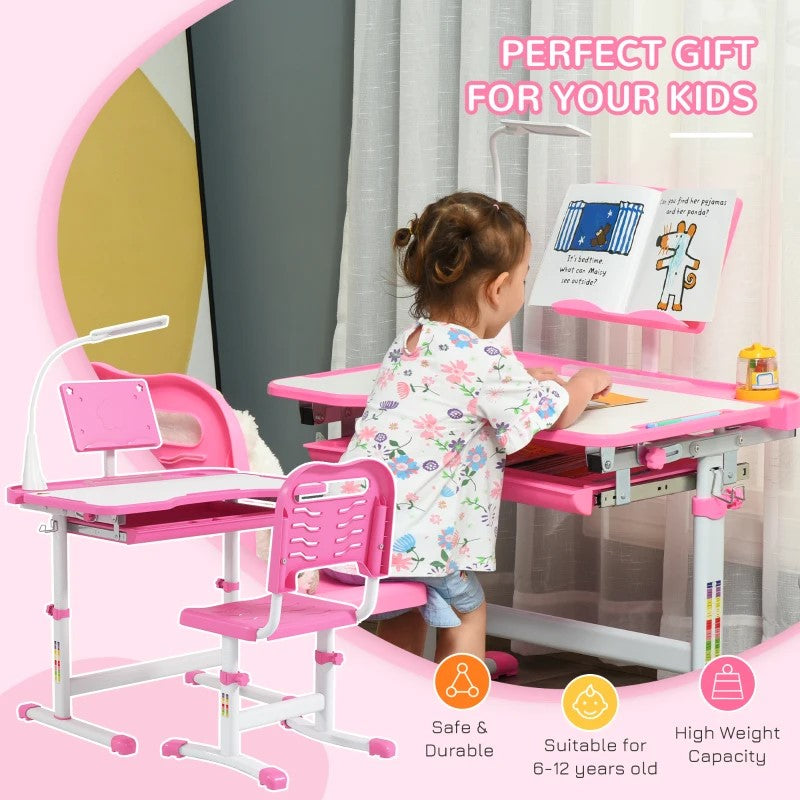 Qaba Kids Desk and Chair Set with USB Light, Storage Drawer, Pink - Ideal for Study