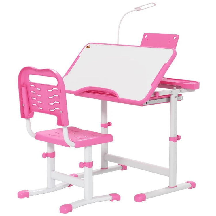 Qaba Kids Desk and Chair Set with USB Light, Storage Drawer, Pink - Ideal for Study