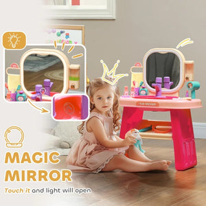 Qaba Kids Vanity Set with Mirror, LED Light, Music & 23 Accessories – Pretend Play for Girls