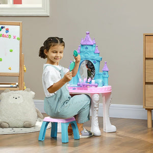 Qaba Kids Vanity Set with Mirror, Stool, Light & Music – Castle Design Makeup Table