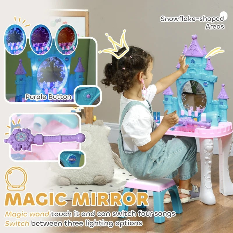 Qaba Kids Vanity Set with Mirror, Stool, Light & Music – Castle Design Makeup Table