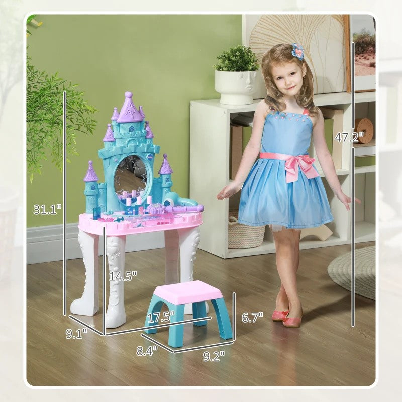 Qaba Kids Vanity Set with Mirror, Stool, Light & Music – Castle Design Makeup Table