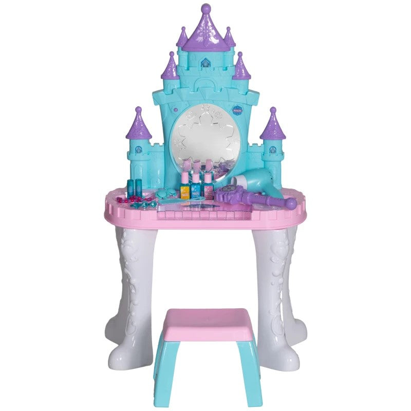 Qaba Kids Vanity Set with Mirror, Stool, Light & Music – Castle Design Makeup Table