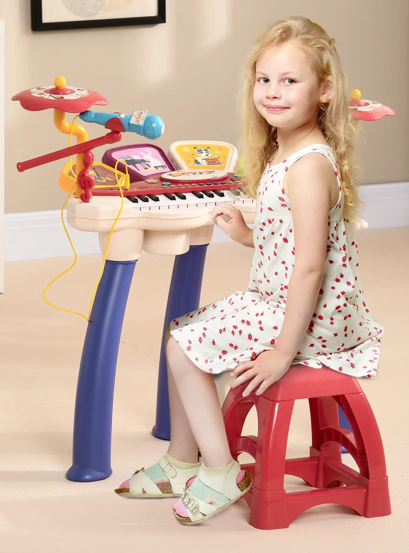 Qaba 2-in-1 Kids Piano & Drum Set with Mic & Lights