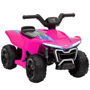 Pink toy ATV with black wheels on a white background