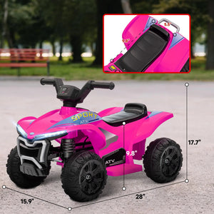 Pink toy ATV with measurements and inset showing seat details on a blurred outdoor background