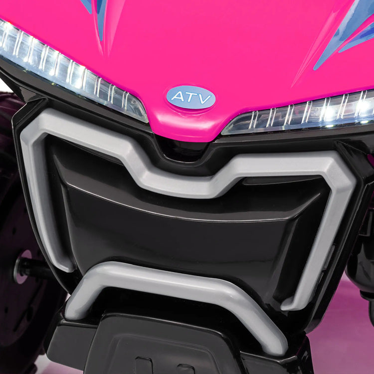 Close-up of a pink ATV with a visible brand logo on the headlight.