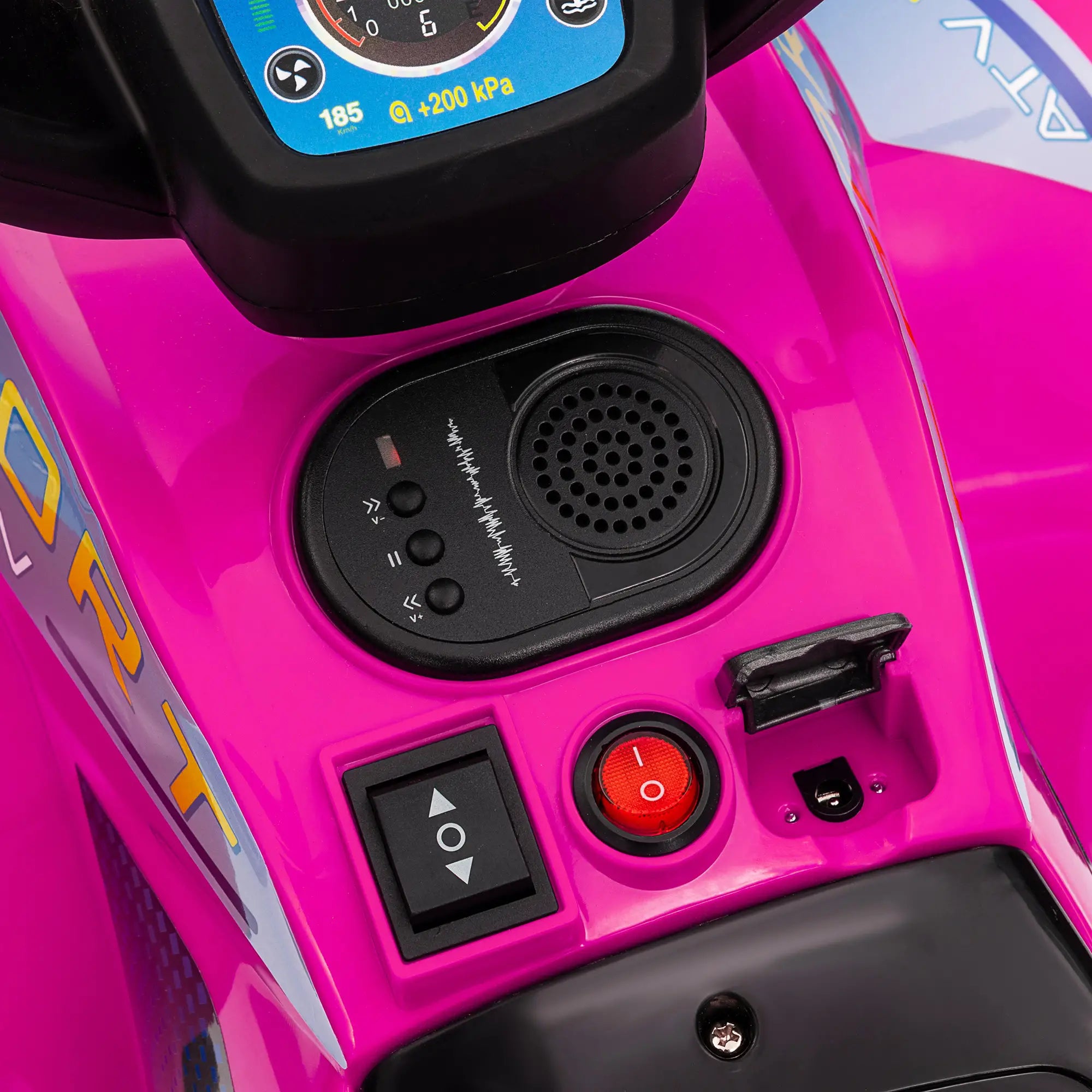 Close-up of a pink toy car with control panel and display.