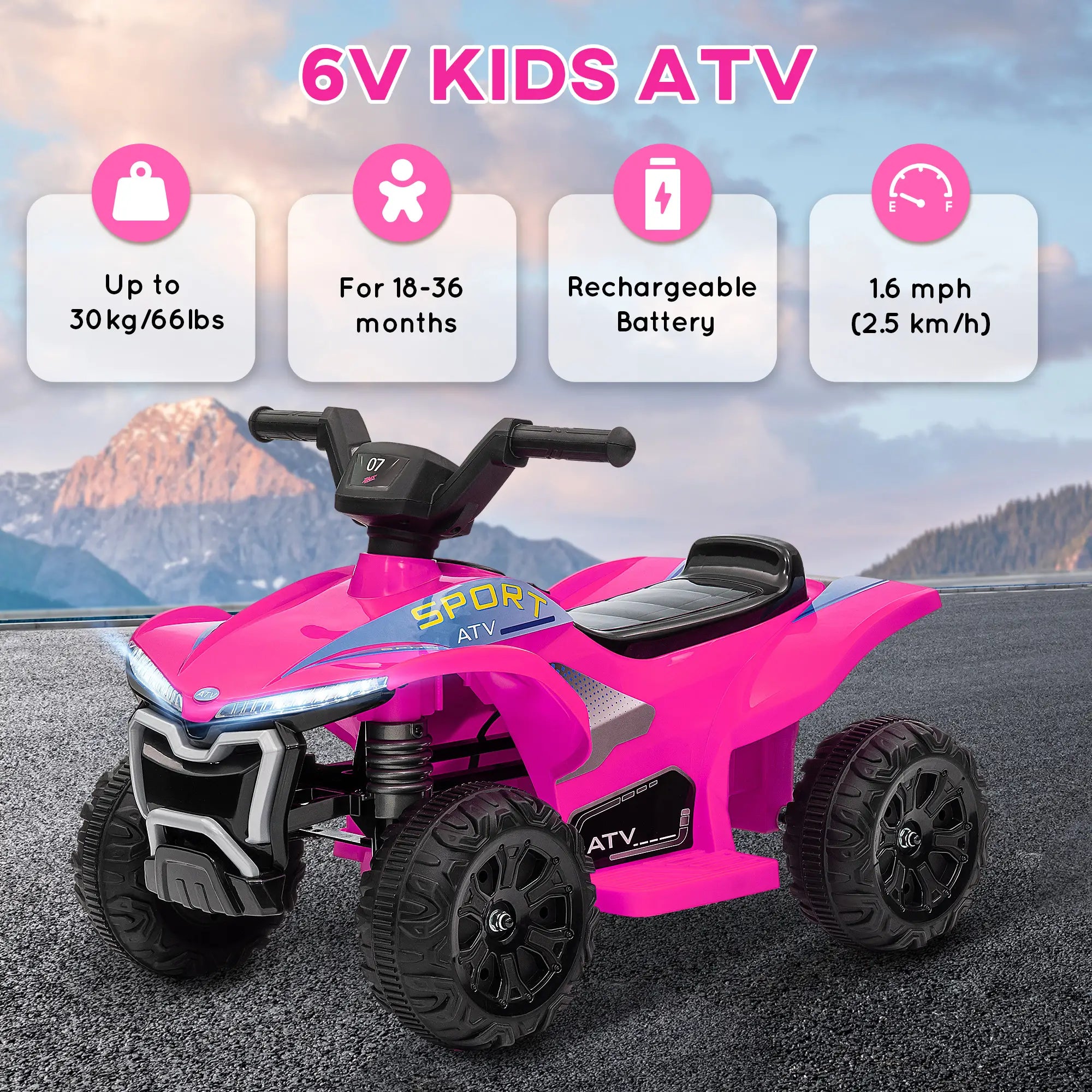 Pink kids ATV with specifications on a mountain road background
