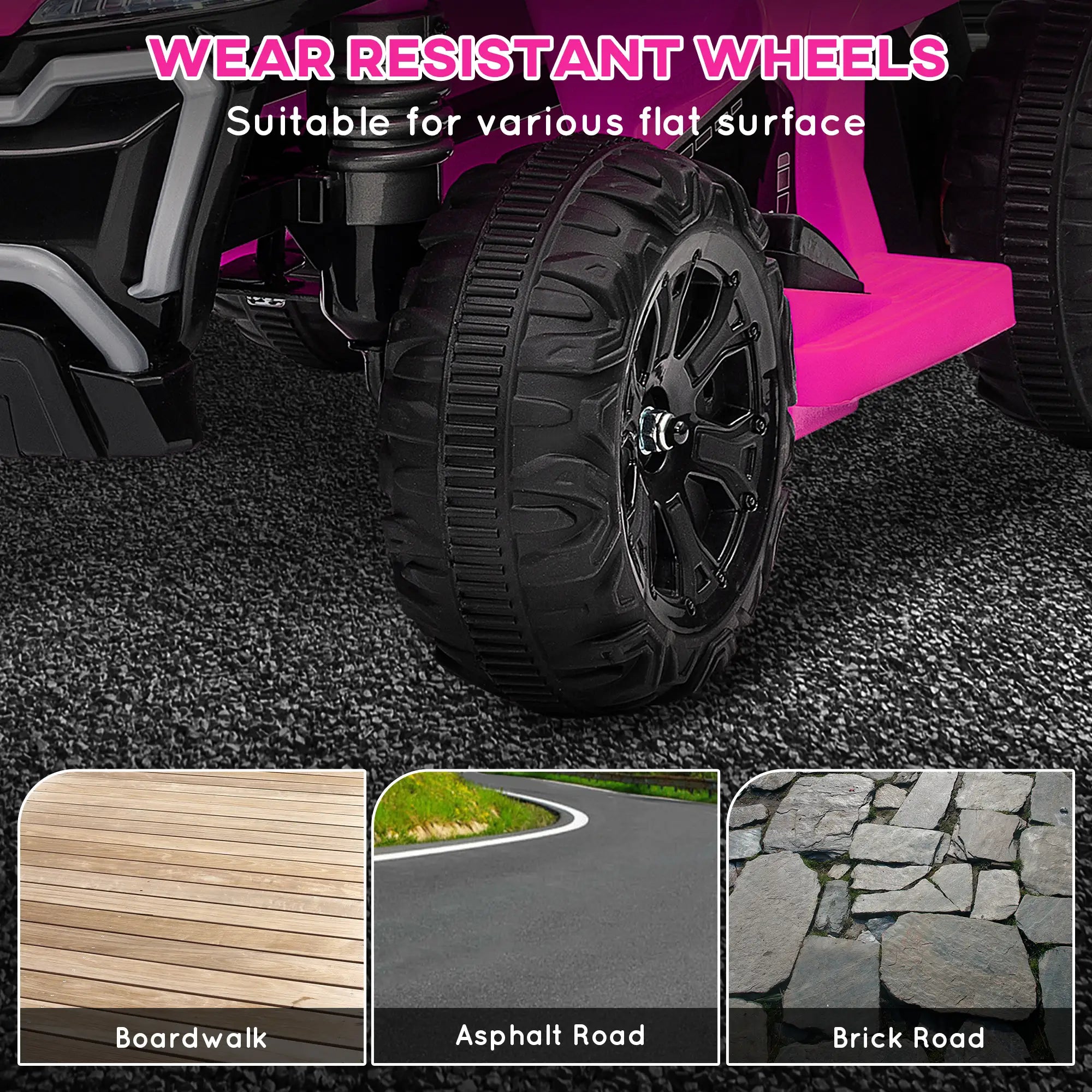 Close-up of a toy car wheel with wear-resistant tires, shown on a textured surface.
