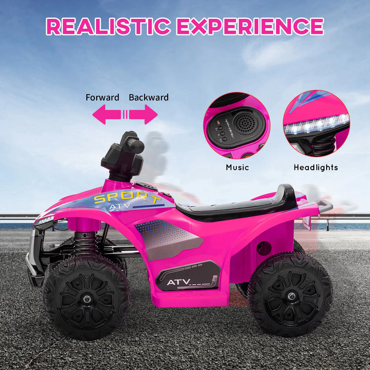 Pink toy ATV with features highlighted on a clear sky background