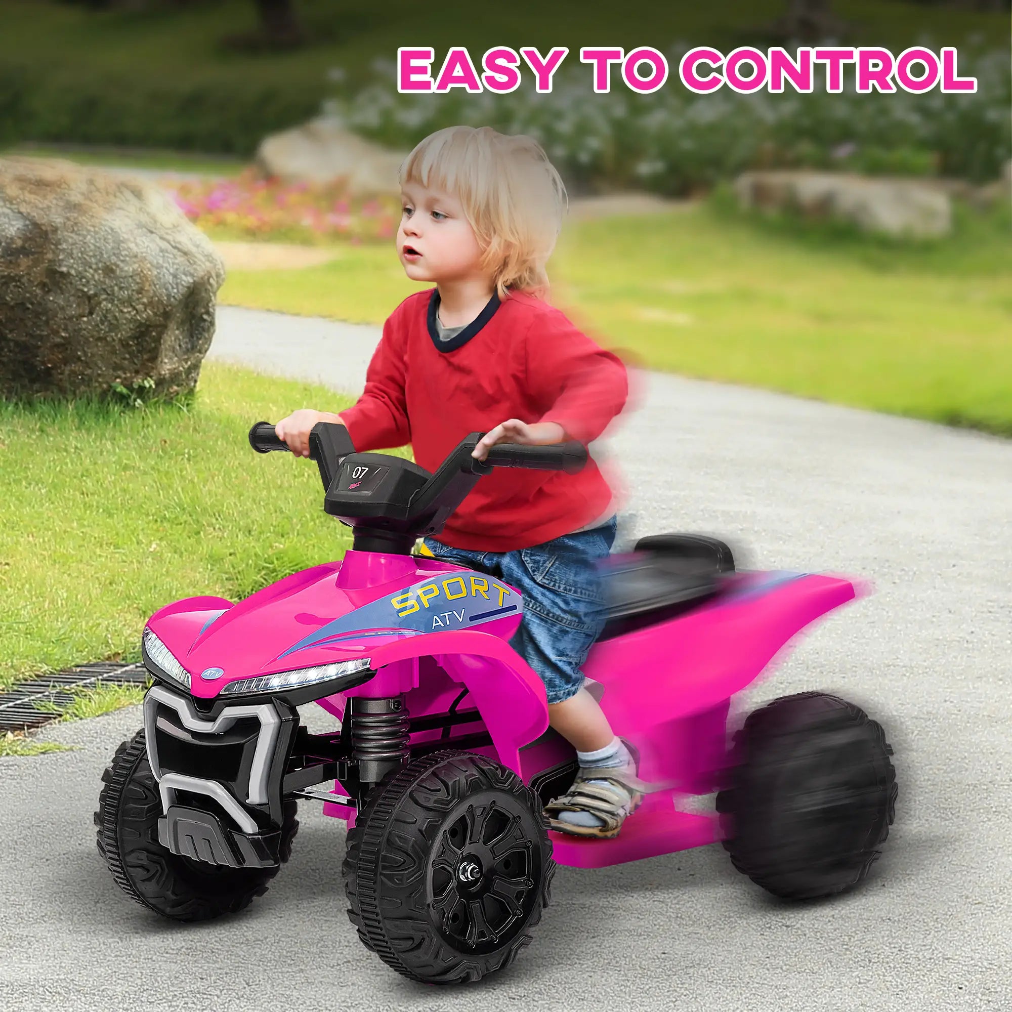 Child riding a pink toy ATV with 'Easy to Control' text above