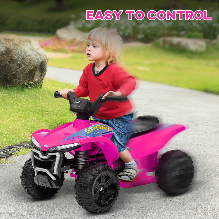 Child riding a pink toy ATV with 'Easy to Control' text above