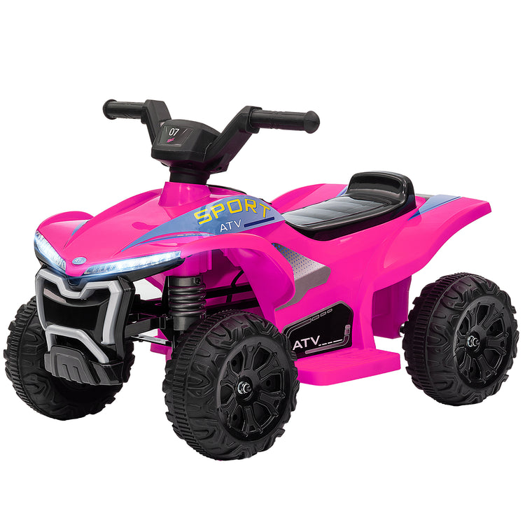 Pink toy ATV with black wheels on a white background