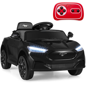Black toy car with Mustang logo and red remote control on a white background