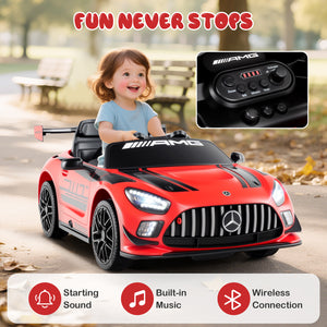 Child playing with a red toy car, with an inset of the remote control and text 'Fun Never Stops'.