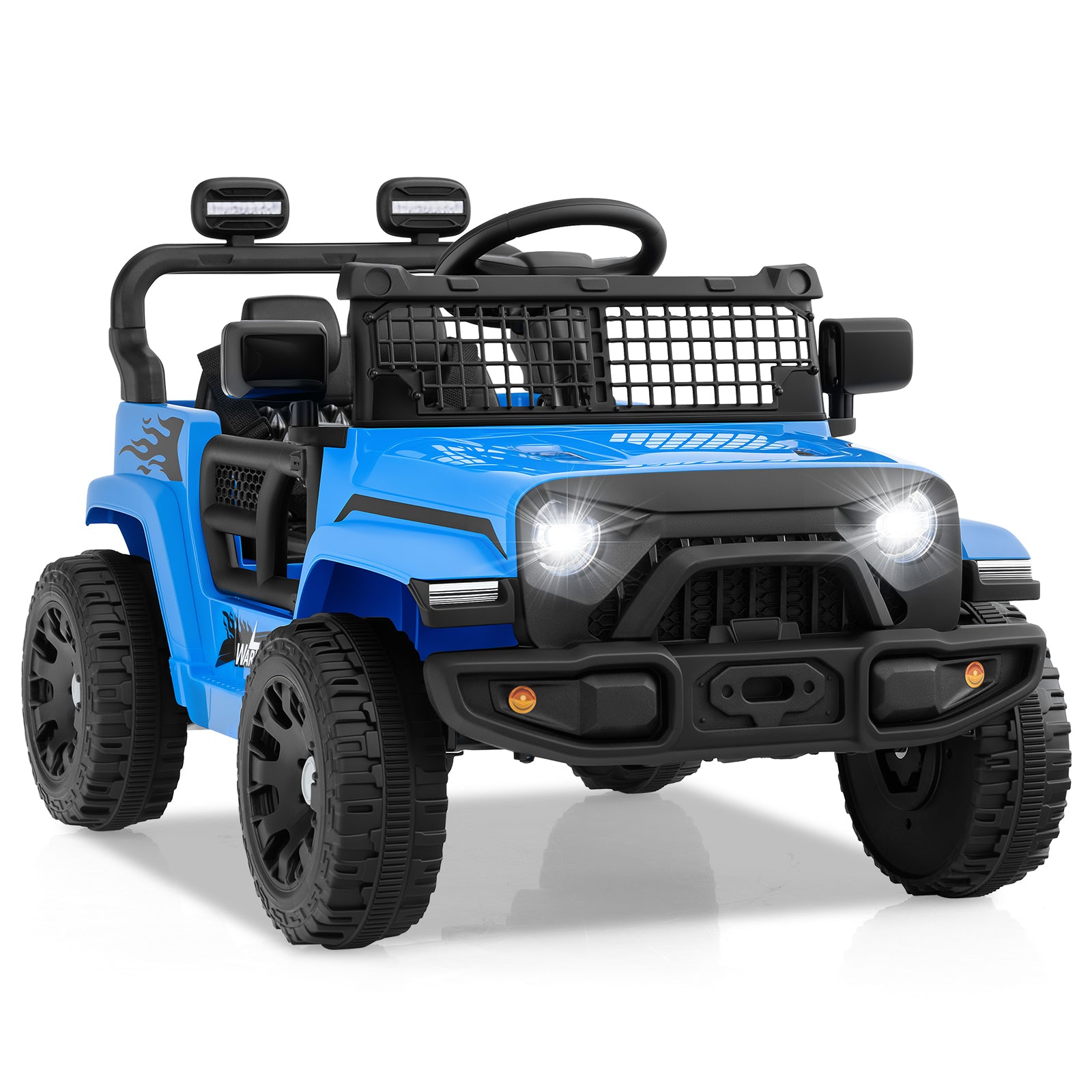 Blue toy truck with black accents on a white background
