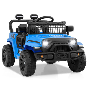 Blue toy truck with black accents on a white background