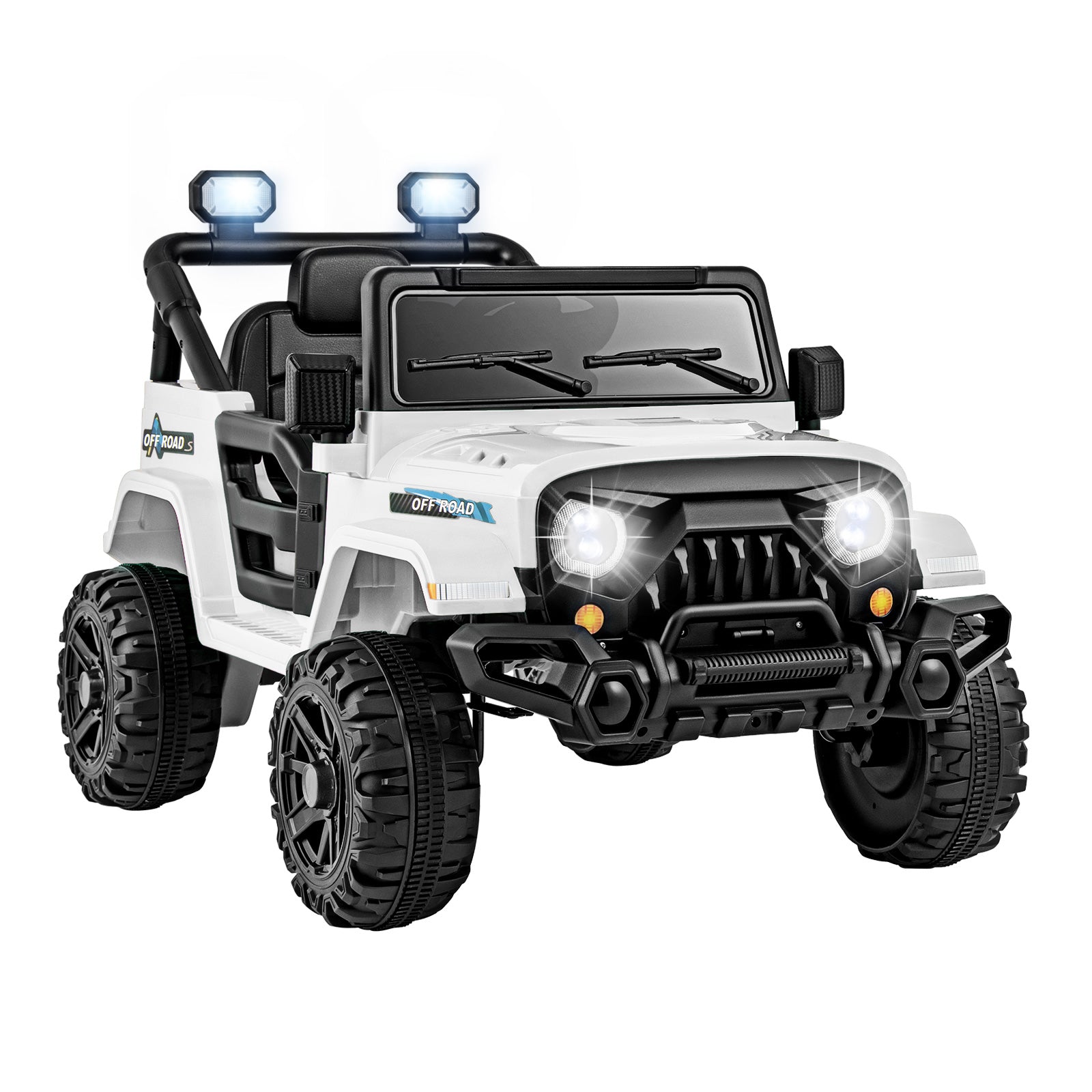 White toy off-road vehicle with black details on a white background