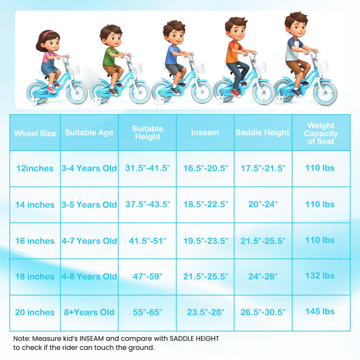 Children riding bicycles with a chart detailing bike specifications for different age groups and sizes.