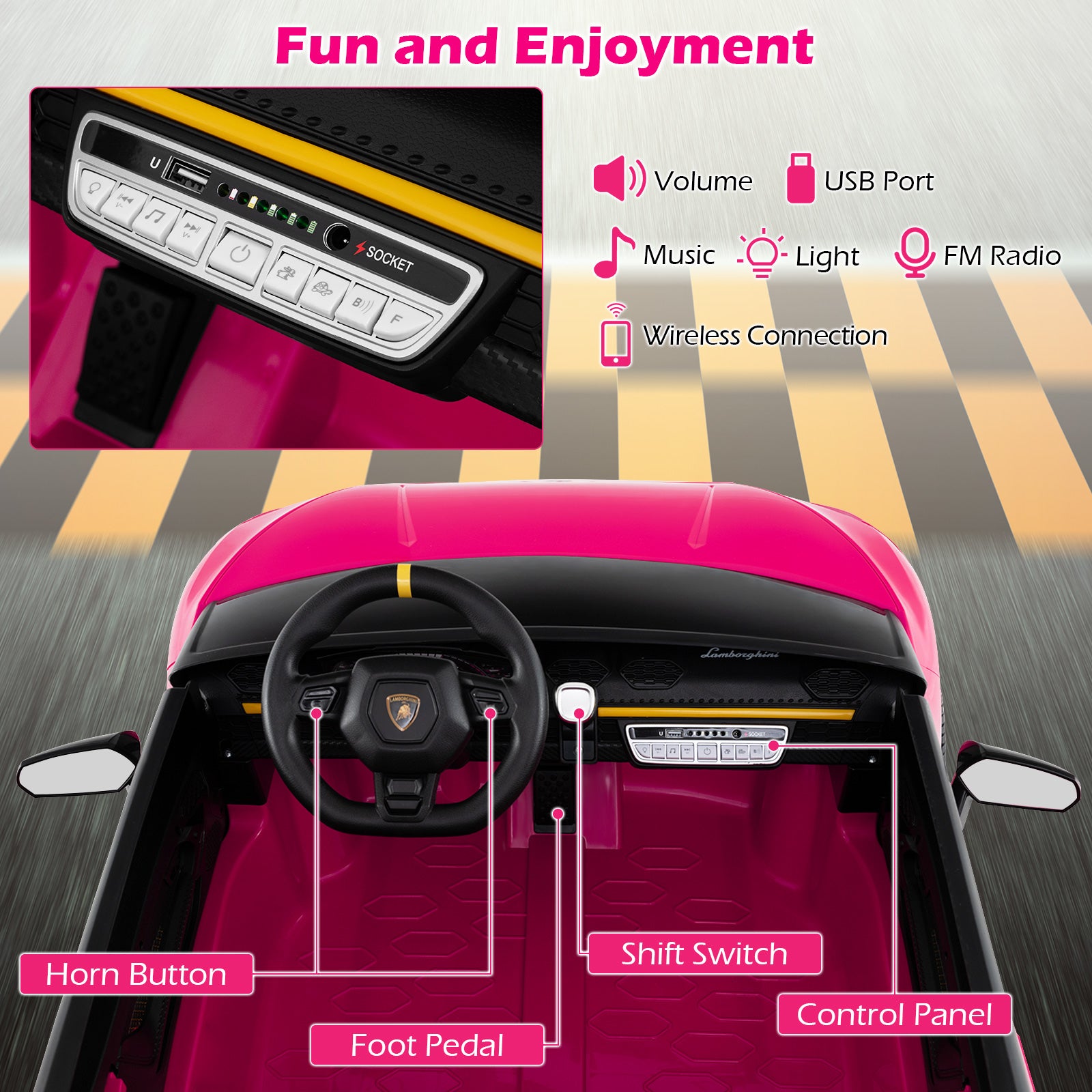 Pink toy car with control panel and features highlighted on a gray background